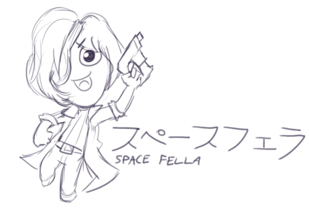 Another gremlin-y version of Mel, looking a bit more uguu than usual! There is Japanese text above the English words "Space Fella". I ran that through Google Translate and did not like what I saw. (Art by DrPyspy)