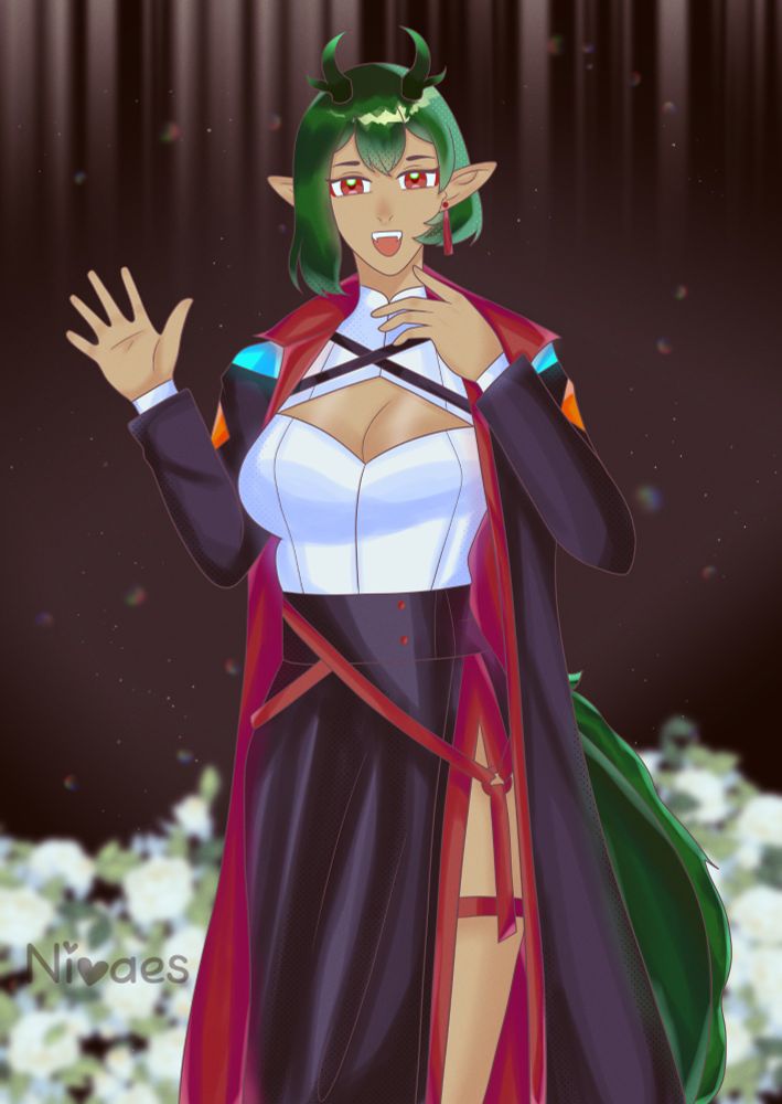 Half dragon girl with green hair waving happily at viewer surrounded by flowers