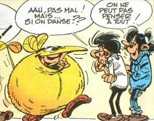 Extrait de Gaston lagaffe. Gaston dans un costume volumineux est questionné sur le fait que le costume ne permet pas de danser