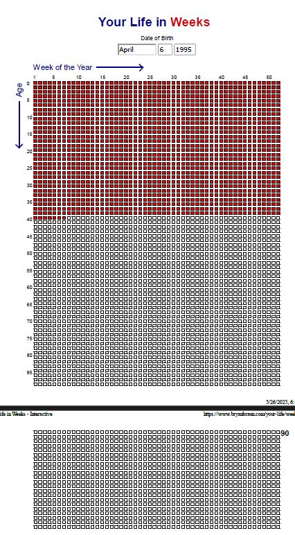 Image of "Your Life in Weeks" Calendar where your life is show in dots which represen1 week.
