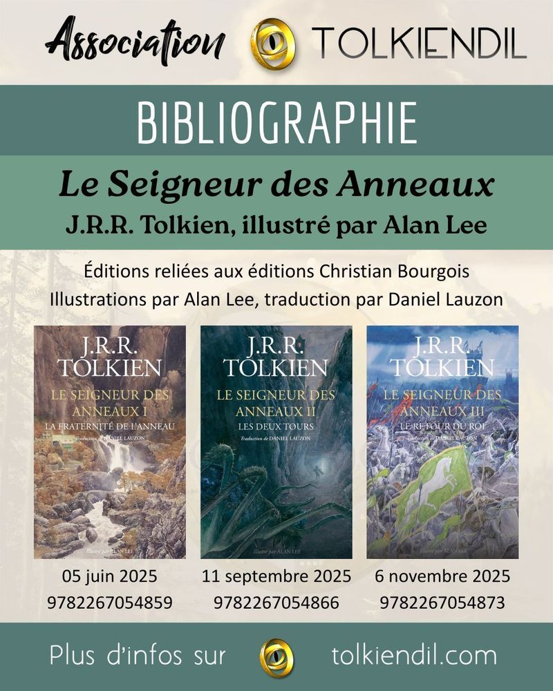 Une illustration reprenant les 3 couvertures du Seigneur des Anneaux, de J.R.R. Tolkien, à paraître en édition reliée cette année :
- La Fraternité de l'Anneau, le 5 juin 2025
- Les Deux Tours, le 11 septembre 2025
- Le Retour du Roi, le 6 novembre 2025