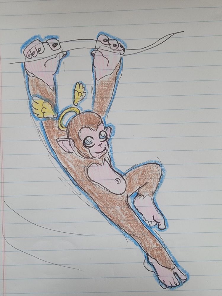 pen and crayon doodle of a little brown chimp swinging from a branch . she sort of looks like curious george . she has a small winged halo floating behind her head, dark markings around her big blue eyes, and her ears are pointed. her body is surrounded by a faint blue aura.