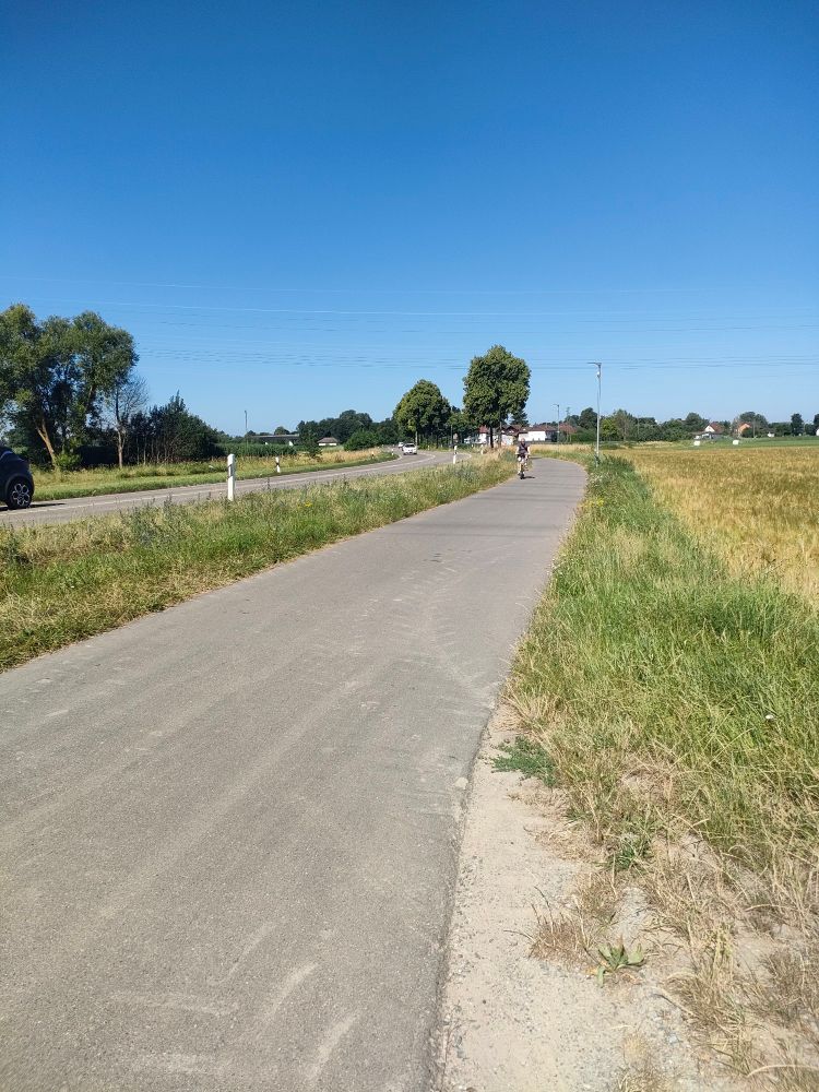 Photo d'une route de campagne dans la commune de Kehl en Allemagne. Une large piste cyclable se trouve sur le côté. Un cycliste est en train de remonter la piste.