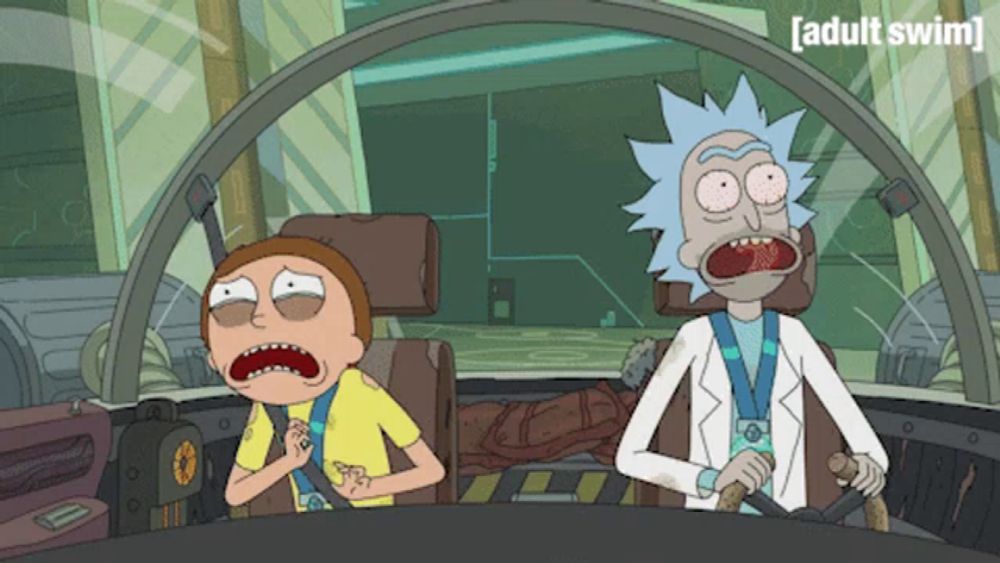 a cartoon of rick and morty sitting in a car with the words adult swim on the bottom