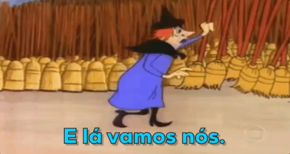 a cartoon witch is standing in front of a bunch of brooms and says " ela vamos nós "