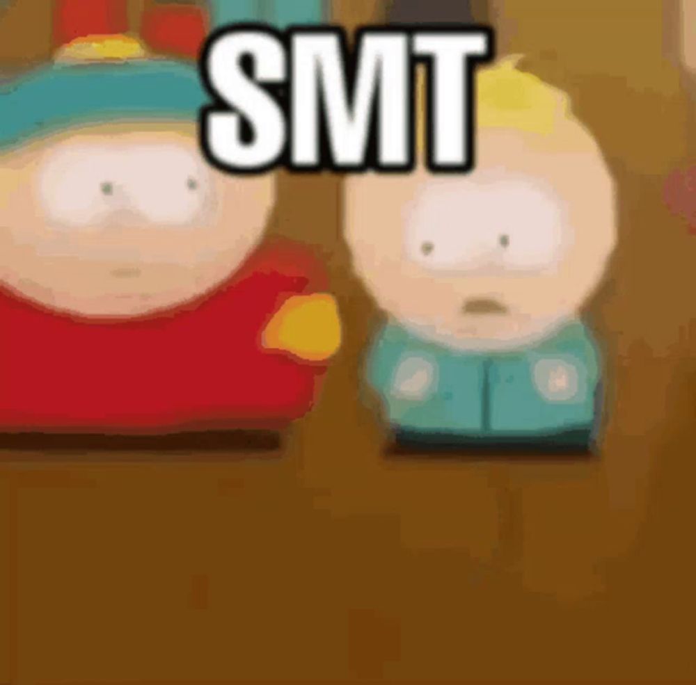 two south park characters are standing next to each other and the word smt is on the bottom right