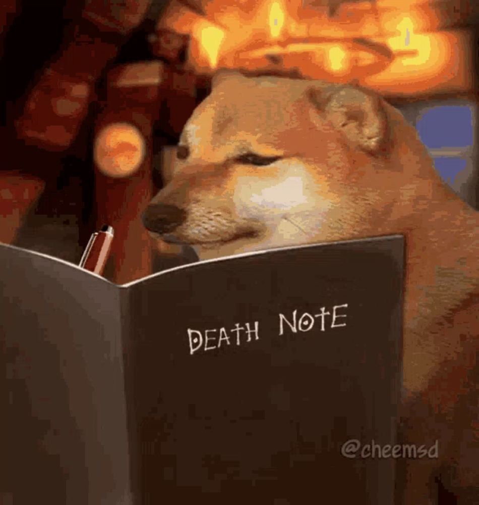 a dog is reading a book called death note with a pen .