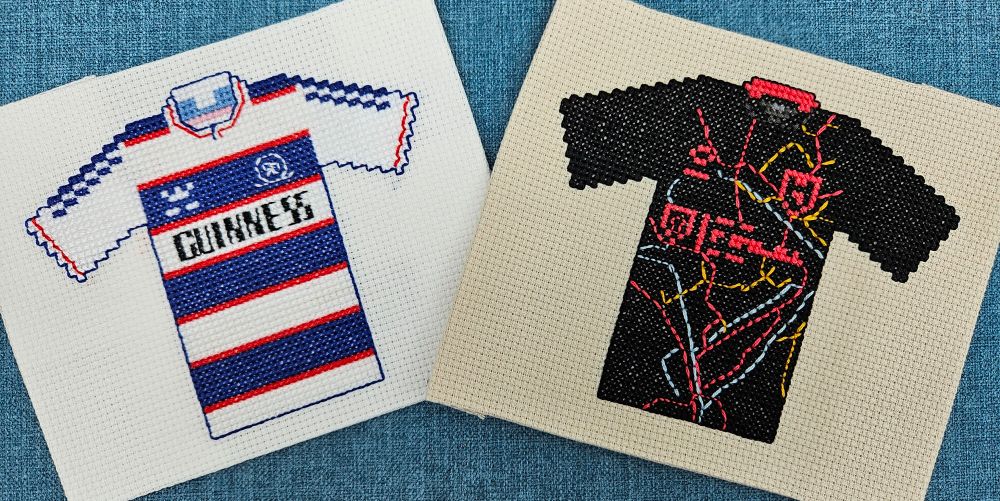 Cross stitch versions of QPR (horizontal blue and white stripes (hoops) with thin red edges, white sleeves with blue and red trim on shoulder and cuffs and neck, large black Guinness sponsor logo) and burnley (black with pink, yellow, and light blue design representing map of roads around burnley)