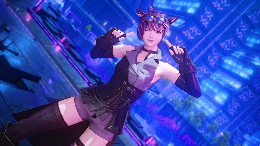 Vivian in the Critical Hit B-2 set, posing for the camera while winking.