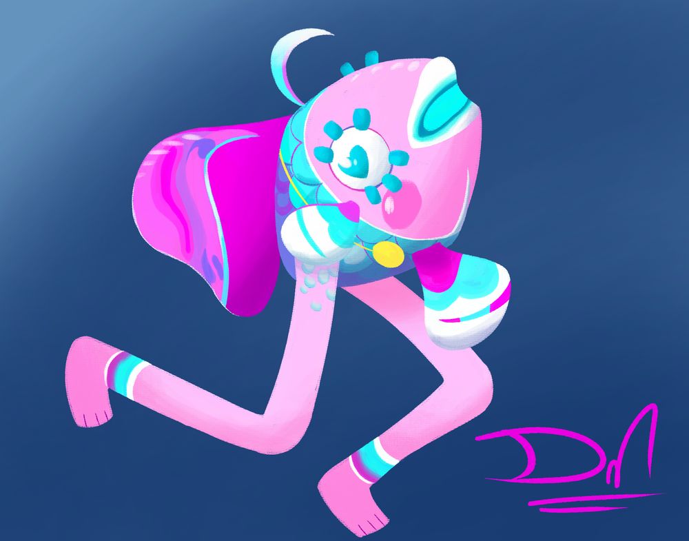 A digital painting of sayu from no straight roads in her final form, a fish with legs!
