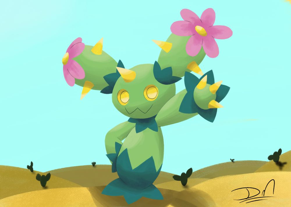 A digital painting of maractus from pokemon striking a pose in the middle of a vast desert