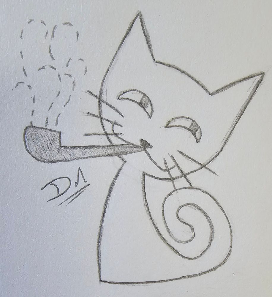 pencil sketch of a cat smoking a pipe