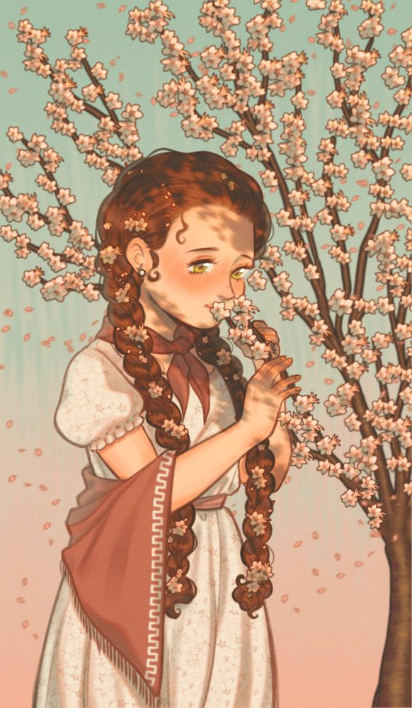 A young brunette girl with long braids and peasant clothes from 18th century Argentina smelling the flowers of a peach tree 