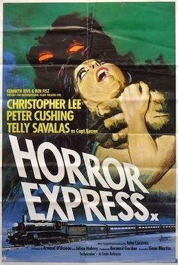 Movie poster for the 1972 feature film 'Horror Express', starring Christopher Lee, Peter Cushing and Telly Savalas