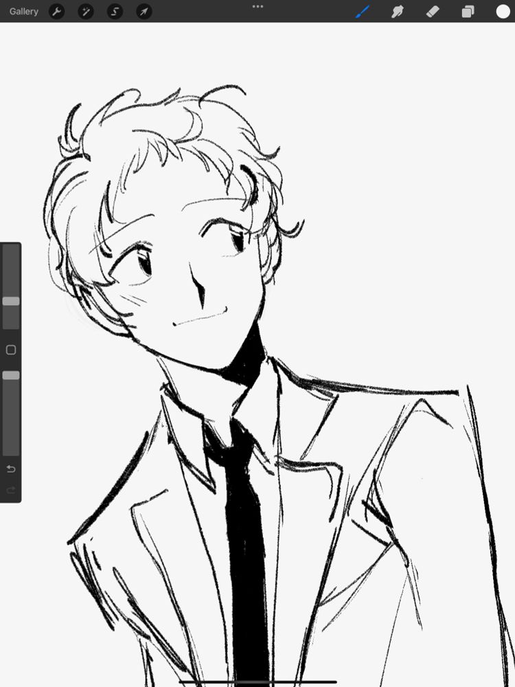 a procreate sketch of tohru adachi from persona 4 - a young man with short choppy hair, goofy grin and wide eyes. he dons a suit and tie and is tilting slightly to the side. 