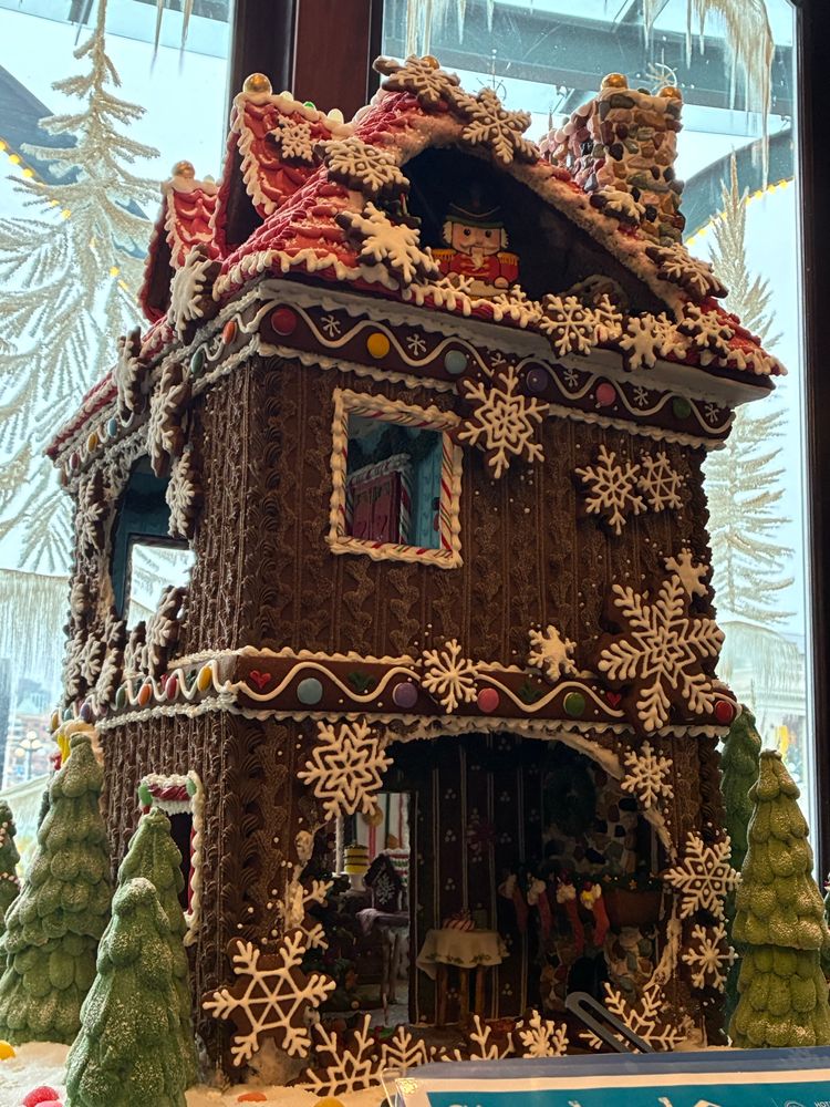 A gingerbread mansion with detailed interior. 