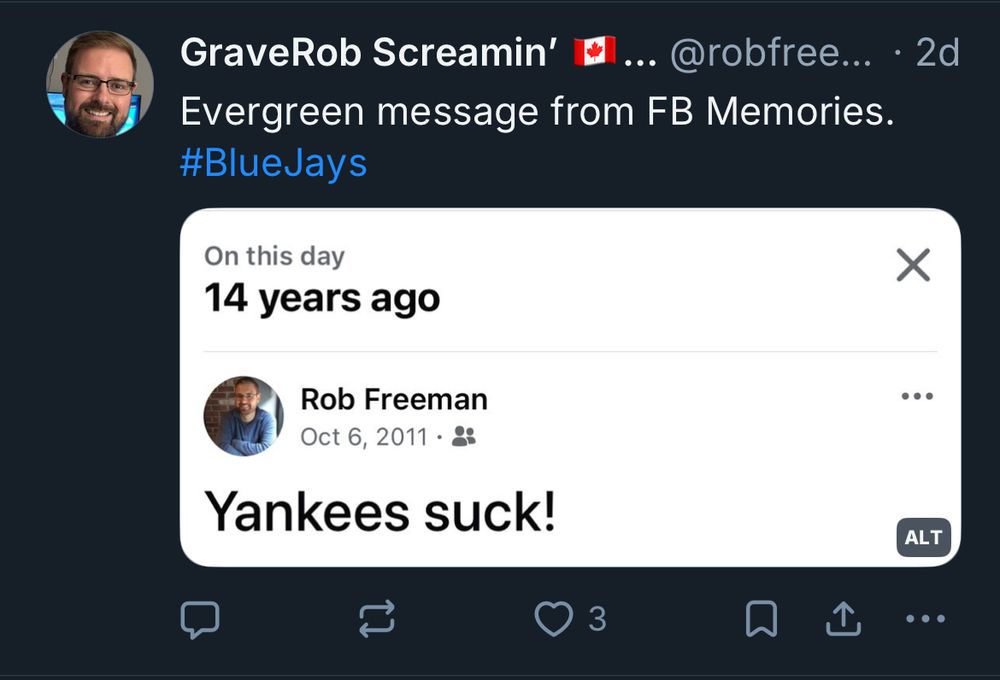 A screen grab of a FB Memories screen grab declaring Yankees suck. 