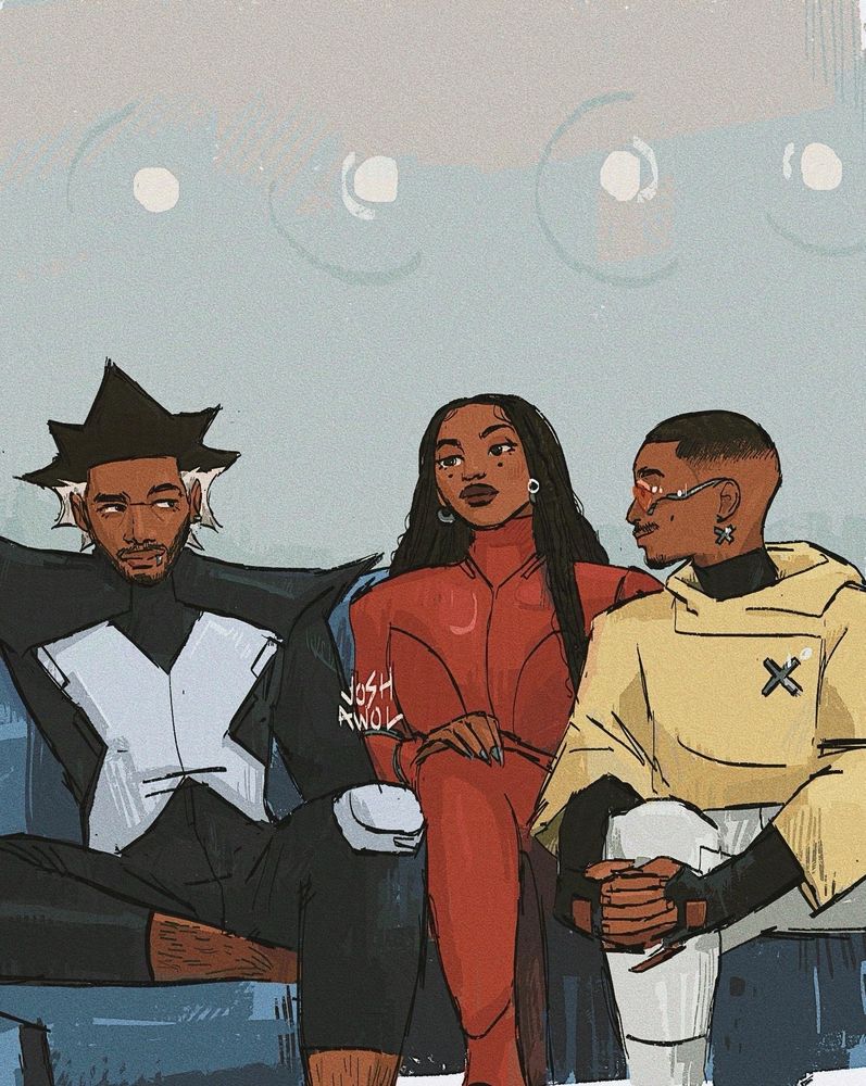 bedlam, monet, and prodigy sit on a couch. monet's gaze is focused, but bedlam and prodigy share glances.