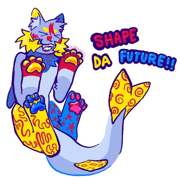 [ID: Digital art of my original character, Bunchy, in a half-circle belly-up pose, grinning with teeth. She is a feral feline character with a base fur color of periwinkle, underbelly slightly lighter. Her jawbone has big yellow tufts of fur on both sides, and her cheeks and nose have red scribbly markings on them. Both her front legs end in red paws with yellow pawpads, and her back legs and pawpads are each different colors. She has a thick sharklike tail, ending in yellow fins with red swirls. All parts of her body that aren't periwinkle are covered in various patterns. Text in bubble letters next to her reads "Shape Da Future." /End ID]
