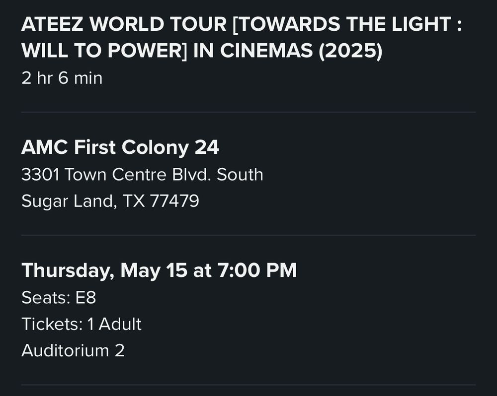 A screenshot of a digital ticket for the Ateez world tour concert movie