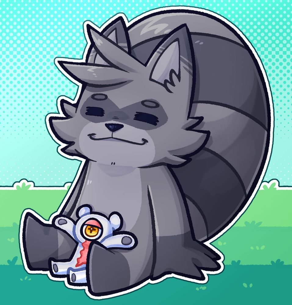 Small raccoon sitting and relaxing with Aiba on grass.
