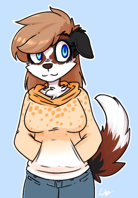 Illustration of an anthro australian shepherd wearing an orange sweater and grey blue jeans with her hands in the sweater. She has brown hair and blue eyes. Next to a current drawing (2025) to showcase the improvement over the years.