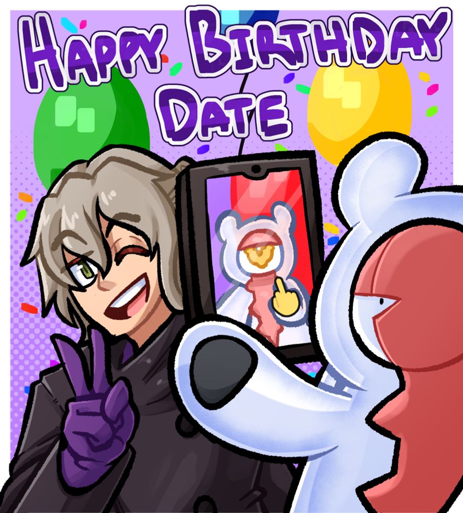 Illustration of Date and Aiba, from AI the Somnium Files, with Date holding a piece sign and Aiba holding a phone while taking a selfie and holding the middle finger. "Happy Birthday Date" written at the top with balloons in then background