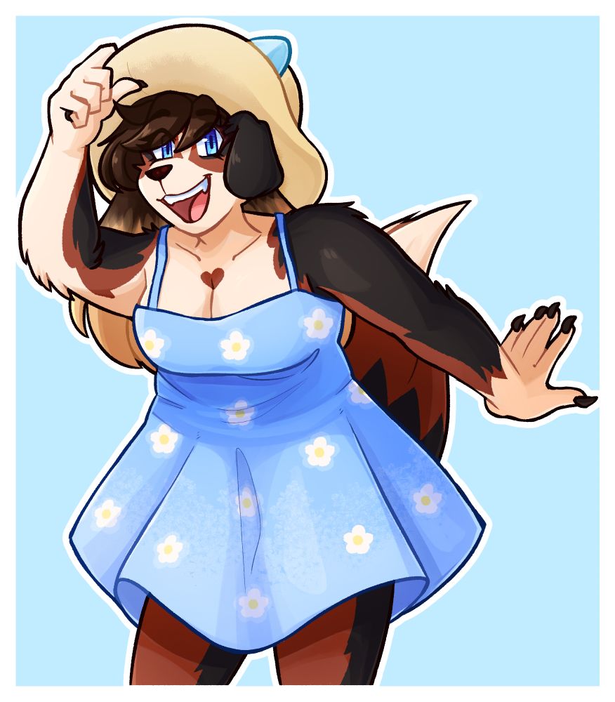 A furry anthro australian shepherd wearing a blue dress and sunhat looking excitedly at the viewer.