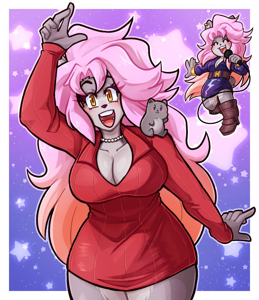 Illustration of an anthro hamster OC with long pink-to-peach gradient hair waving to the viewer with big smile. Wearing a tight red dress and pearl necklace. A small hamster sits on her right shoulder. Same character but in a smaller chibi version at the top-right wearing a purple/blue/pink sparkly dress while singing.