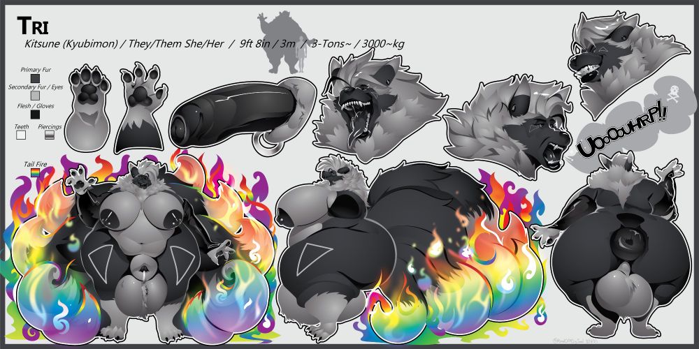 ref sheet of my fursona Tri in her evolved kyubimon state, an enormous kitsune with flaming tails