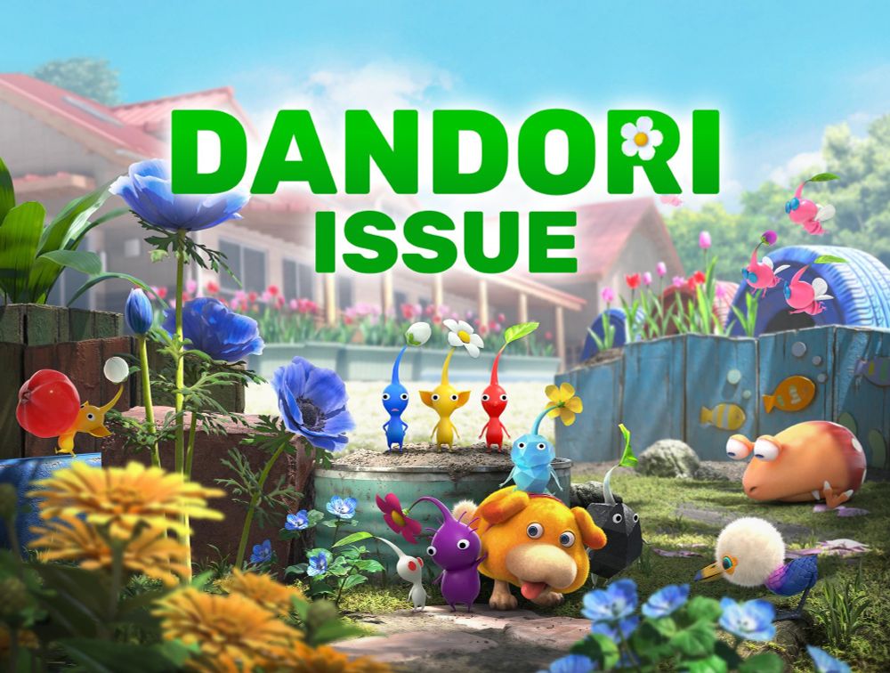 image of pikmin 4 video game cover art with DANDORI ISSUE instead of the pikmin 4 logo