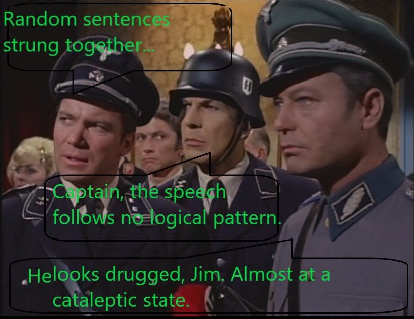This is a still from Star Trek orignal series "Patterns of Force," showing the characters Kirk, Spock, and McCoy, dressed in Nazi uniforms so they could infiltrate a fascist stronghold on the Planet Ekos to determine of John Gill, a friend of Kirk, is really in charge of a genocidal movement.