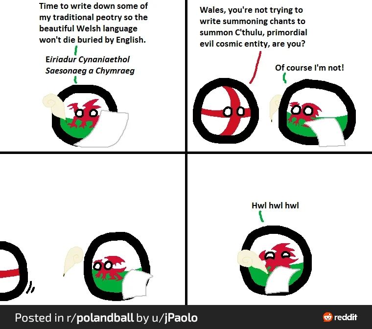 From r/polandball. Comic about Wales and summoning C'thulu.