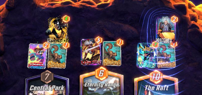 A board shows an egregiously ridiculous deck with Sunspot, Sif, Professor X and Wave. 