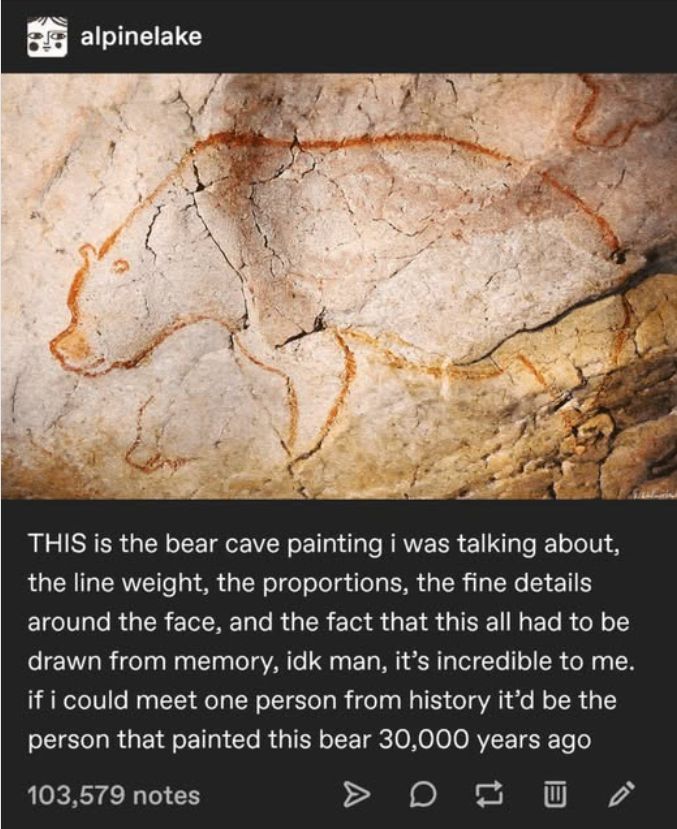 An ancient bear cave painting with amazing line weight, details and proportions posted originally on alpinelake.