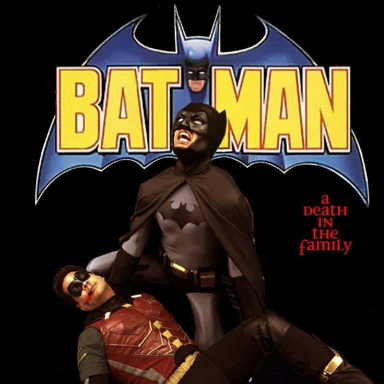 I am dressed as dead Robin being cradled by friend dressed by a despondent Batman crying into the night as we recreate the Death in the Family cover.