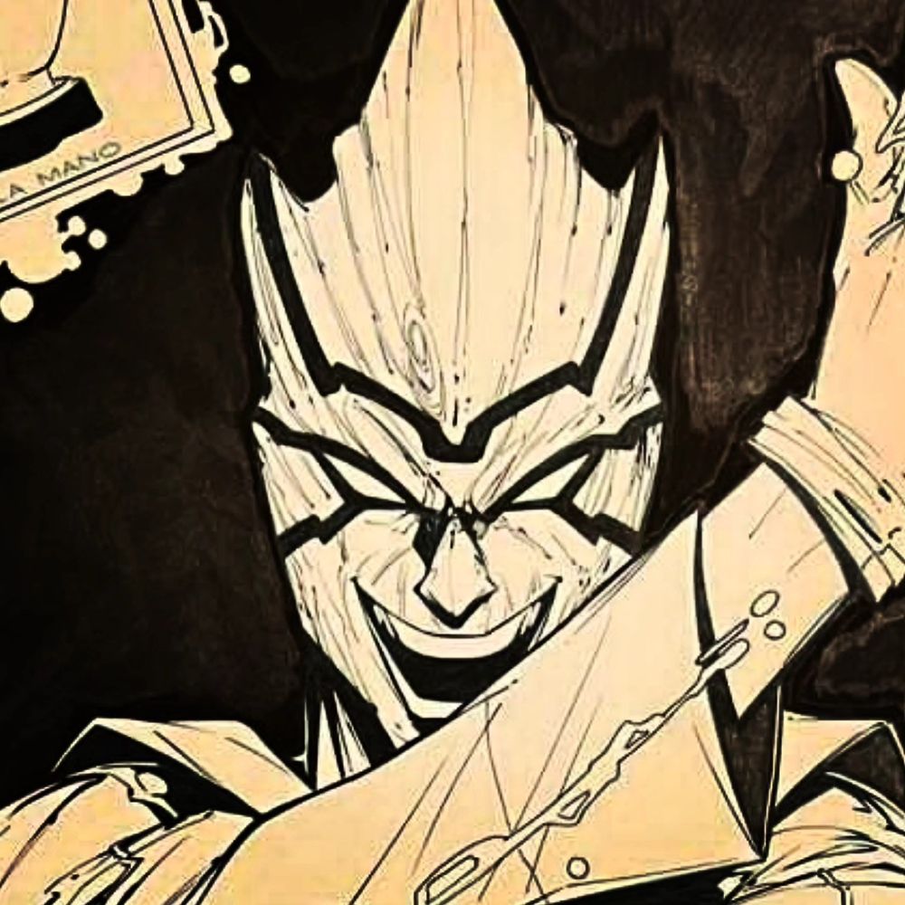 A close up of the creepy wooden jester mask of the Villain Loteria while cards featuring classic imagery of the Loteria game hover around him with energy. 