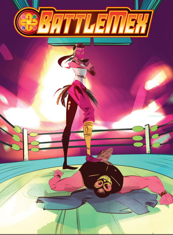 A luchadora in a bird styled costume plants her foot on a defeated luchador in a grinning skull mask. He is knocked cold!