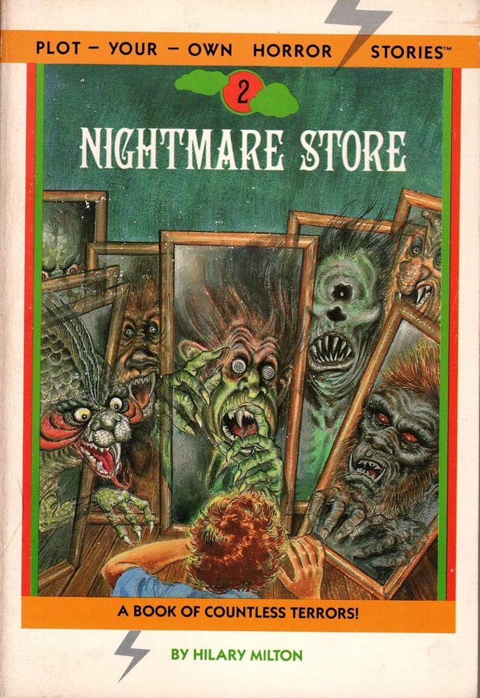 A young boy looks into multiple mirrors, each mirror has a horrible creature lunging out towards the camera on the cover to "Nightmare Store" a Plot Your Own Horror Story