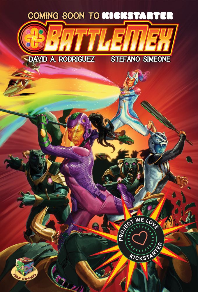 Three heroes, a Hispanic woman in Aztec inspired hummingbird armor, a Hispanic man in jaguar armor, and an anglo woman in Unicorn armor, battle a horde of robot bulls on the cover for BattleMex issue 1!