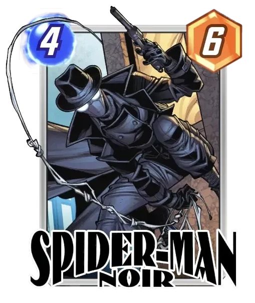 Spider-Man Noir card for Marvel Snap. He is a 4/6 pile of trash.