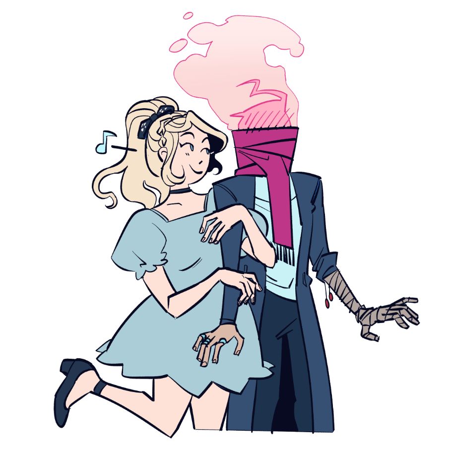 digital fanart of sonia and gundham from danganronpa 2. She's holding on to his arm and smiling while gundham freeze, his whole face blushing with steam coming off it.