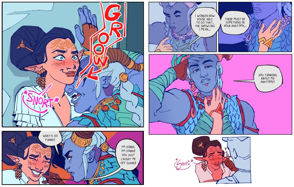 dragon age fan comic.
panel 1: taash growls seductively while bellara snorts
panel 2: taash "what's so funny", bellara "I'm sorry, I'm sorry! You just caught me off guard!"
panel 3: bellara "I wonder how you're able to do that, the growling I mean..."
panel 4: bellara, while lightly touching taash's neck "there must be something in your anatomy..."
panel 5: "you thinking about my anatomy?"
panel 6: bellara snorts while completely red in the face