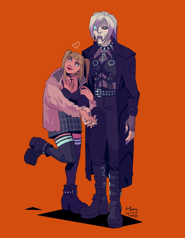 misa and rem from death note. rem has been reimagined as a tall goth human woman. mis is clinging to her arm and smiling.