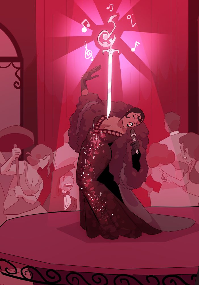 Illustration crop from thirsty sword lesbians of a singer on stage with a luminous sword coming out of her chest as everyone around her riots