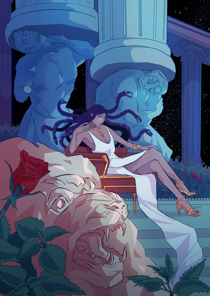 illustration of medusa from greek mythology sitting on a throne with two petrified men behind her