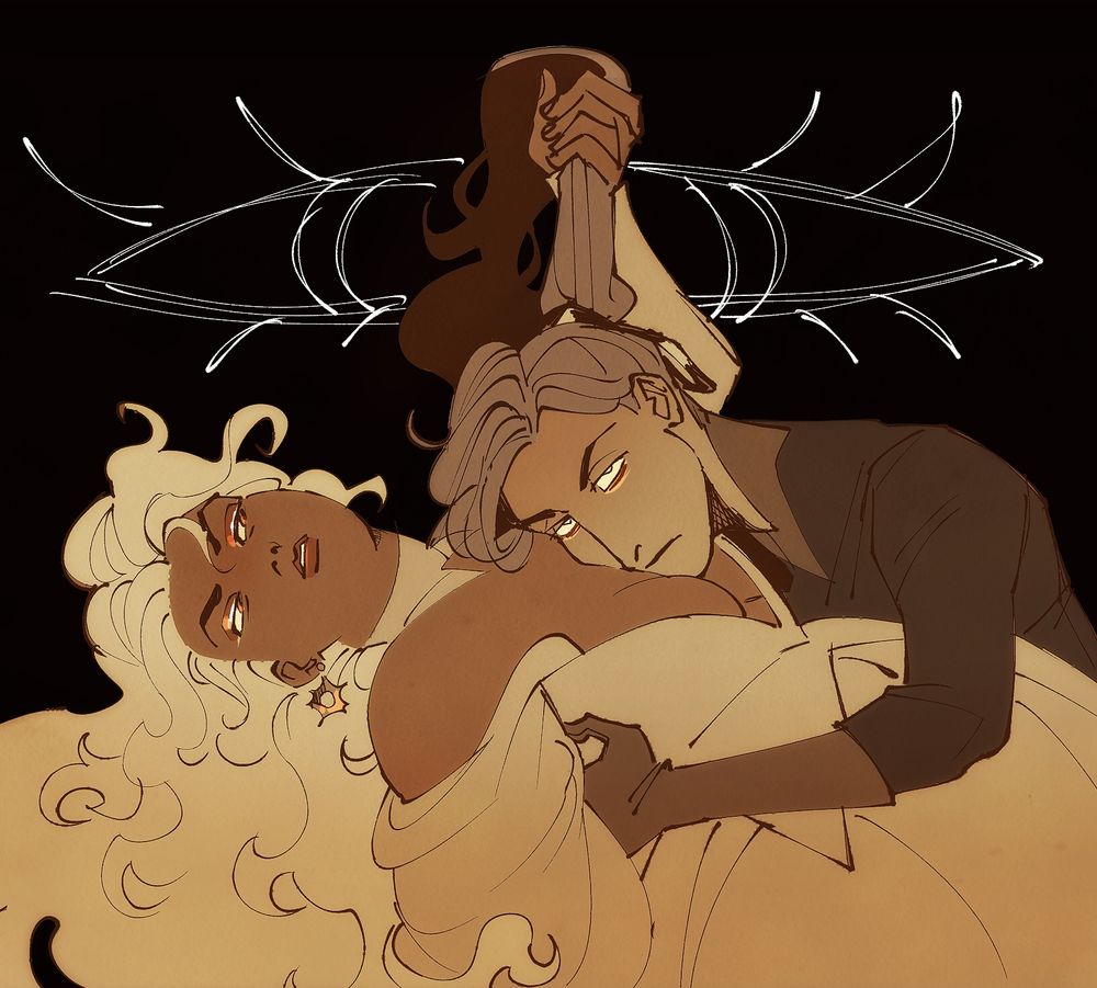 digital drawing of two women, one more feminine and one more androgynous, they’re both wearing fancy clothes. the androgynous woman rests her head on the femme’s chest as she dips her.