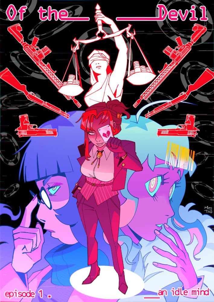 fan poster for the game of the devil. morgan is in the foreground, emma and serra as headshots in the background, lady justice weighing poker chips at the top. morgan is surrounded by guns in a halo formation