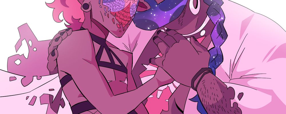 illustration from the apocalypse keys manual of two of the player archetypes embracing