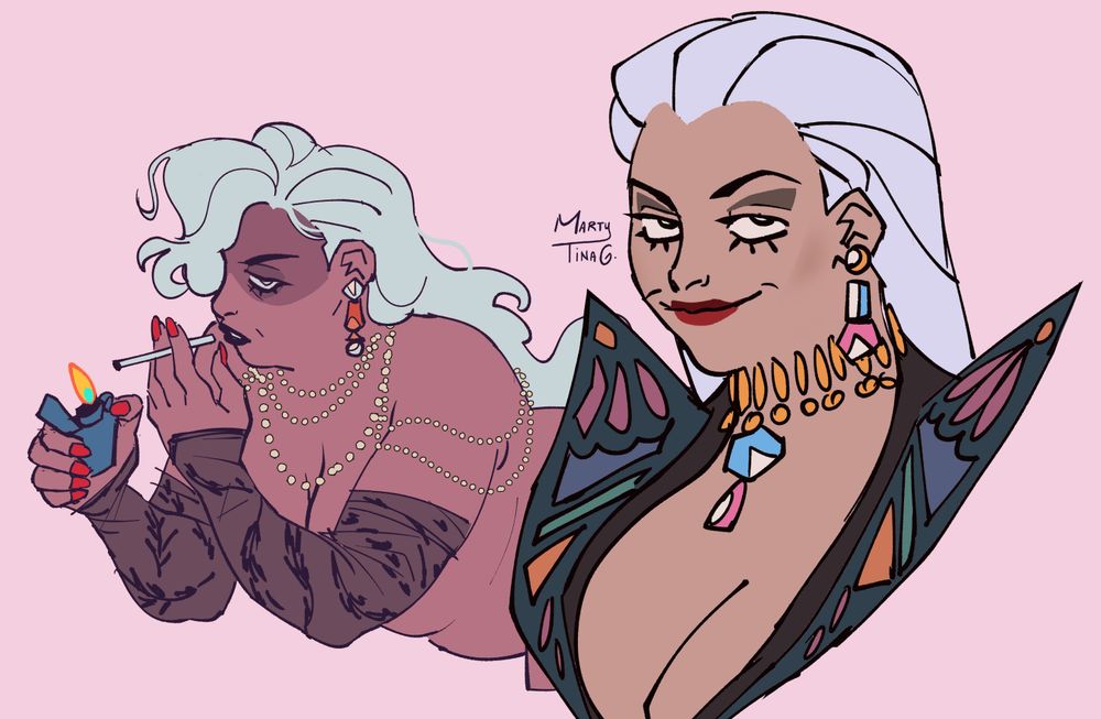 two colored drawings of a fashionable white haired woman. one is a headshot, the other a pin up of her lighting up a cigarette.